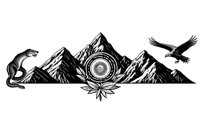 Peruvian mountain range with 3 coca leaves and pachamama spiral and surrounded by a cougar and a snake and a condor tattoo design idea