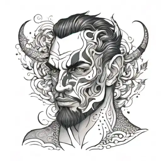 create a human front facing tattoo that have half beast version and remaining half good and pleasant human being male.  tattoo design idea