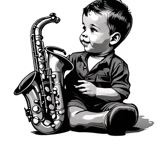 american traditional style toddler boy 1950s sitting playing a toy saxophone  tattoo design idea