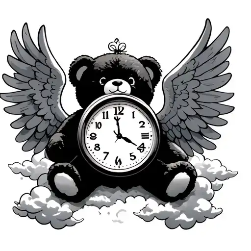 teddy bear, clock, angel wings, clouds surrounding tattoo design idea