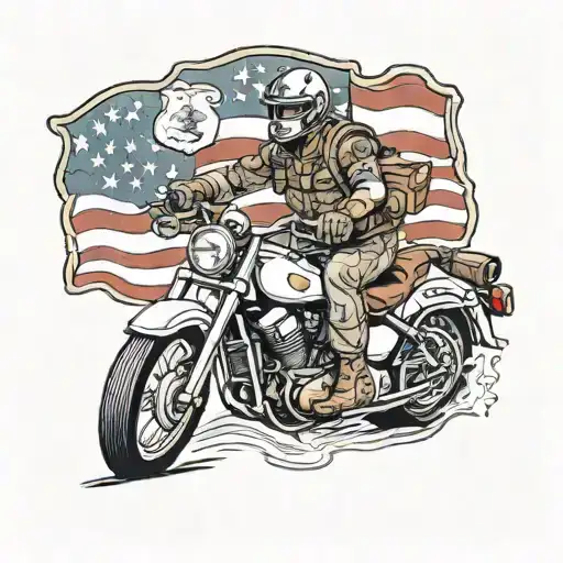 A new-school style tattoo of a motorcycle rider in full USMC gear, riding through a patriotic American landscape, symbolizing the client's passion for motorcycles and their service in the Marine Corps tattoo design idea
