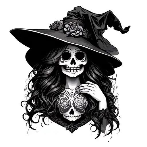 witch tattoo with sugar skull, black and white shading with white highlights, some color as accent, lair scene tattoo design idea