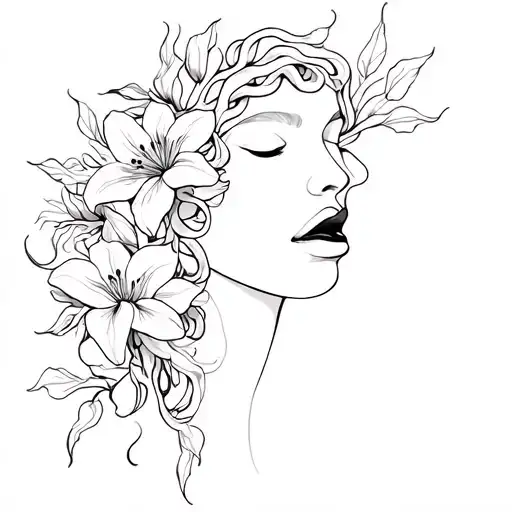 medusa tattoo with mouth covered and lilly flowers tattoo design idea