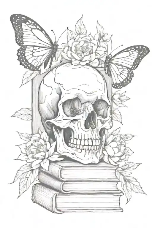 Skull, butterfly, books, peony, cherry blossoms tattoo design idea