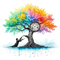 father time(B&W) and mother nature(colorful water colors) reaching for the tree of life(tree itself b&w with leaves colo tattoo design idea