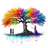 father time(B&W) and mother nature(colorful water colors) reaching for the tree of life(tree itself b&w with leaves colo tattoo design idea