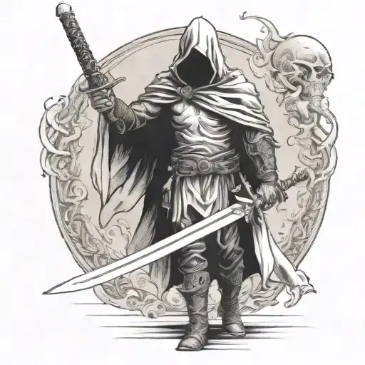 A full-length hooded warrior standing straight with his sword lowered tattoo design idea