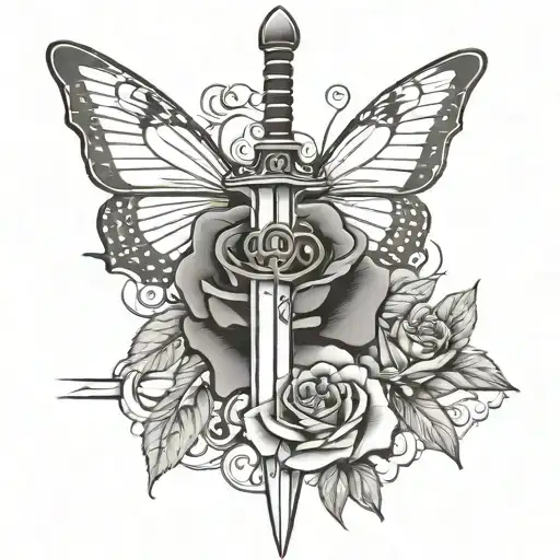 Sword with a butterfly AT the top and a rose AT the Sword handle tattoo design idea