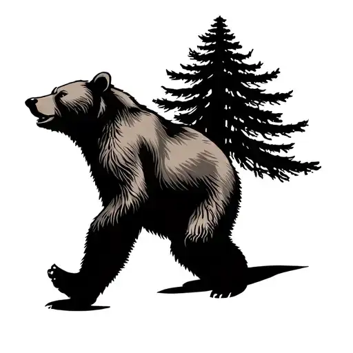 bear walking with big pine tree tattoo design idea