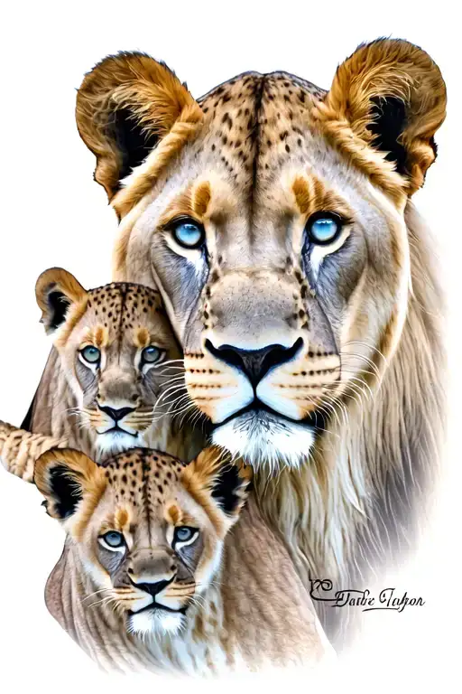 Lioness with 2 cubs face only blue eyes tattoo design idea