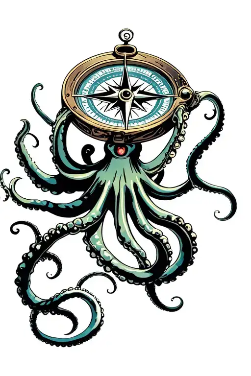 kracken octopus hold compass with waves, tentacles spread out tattoo design idea