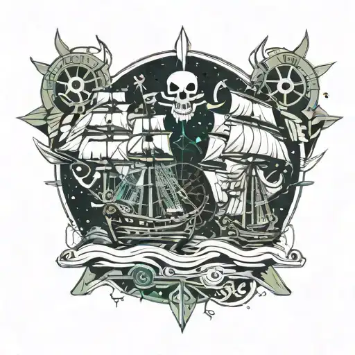 full sleev, pirate theme inspired. two ships, captain and sword tattoo design idea