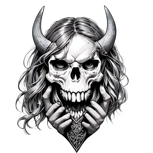 WARRIOR GIRL HOLDING A DEMON SKULL tattoo design idea