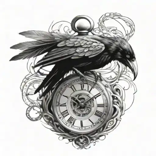 Raven ring connected pocket watch 22:00, feathers, runes, broken dial, moon tattoo design idea