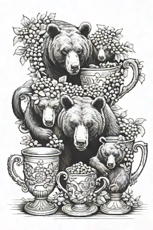 an agra ssive papa bear and mama bear with two bear cups picking berry's. tattoo design idea