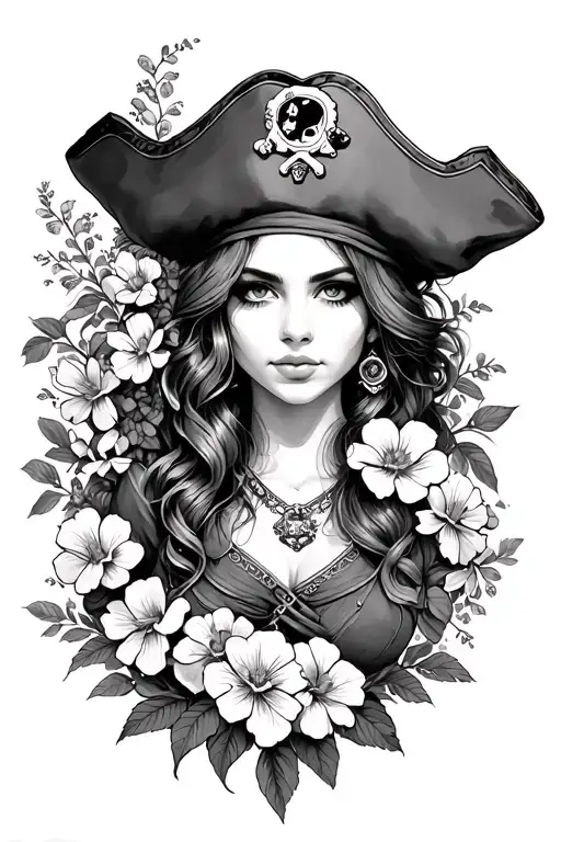 female pirate with flowers growing tattoo design idea