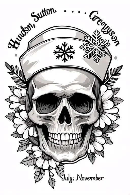 "Hudson, Sutton, Greyson" half sleeve, Skull with nurse hat, nordic snowflake, 2 november birth flowers, july birth flower, mosaic tattoo design idea