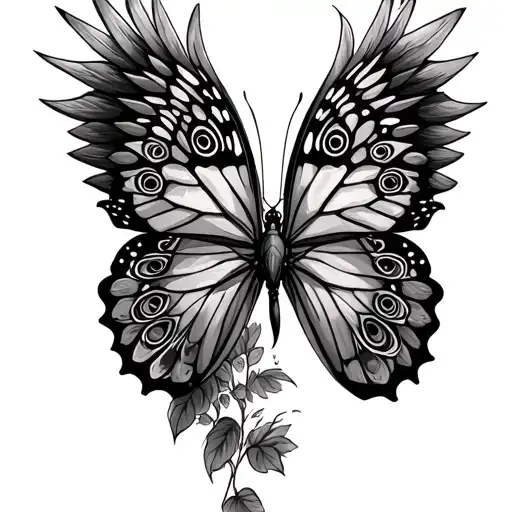 dark angel and angelic angel wings peacock female monarch butterfly tattoo design idea