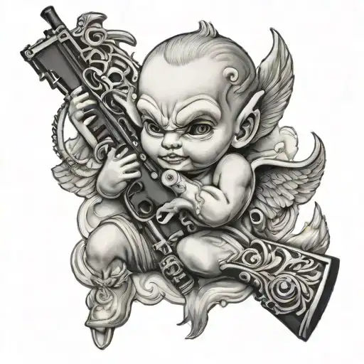 cherub aiming ak47 bag of mone shiesty mask surrounded tattoo design idea