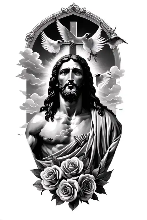 black jesus with cross, add Romans 12:12 and clouds with birds and roses  tattoo design idea