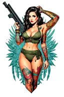 Sexy pin up girl, side profile, full body view, standing, petite, large boobs, Army tattoo design idea