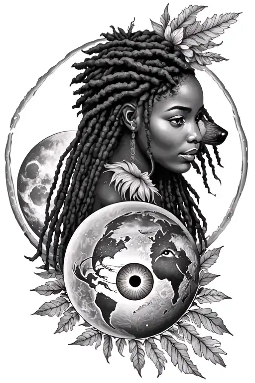 african american mother earth with dreadlocs, bloomingnature,  wolf head, detailed sun and moon with  evil eye tattoo design idea