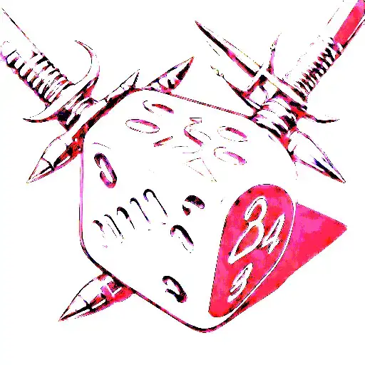 d20 dice with bullets and 2 rapiers behind it from top right tattoo design idea