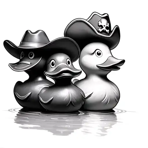 three rubber ducks, one with a cowboy hat, one with a construction hat, one with a pirate hat tattoo design idea