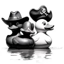 three rubber ducks, one with a cowboy hat, one with a construction hat, one with a pirate hat tattoo design idea