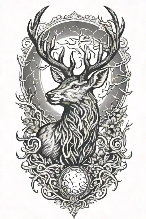 Powerful stag head and moon, yggdrasil tattoo design idea