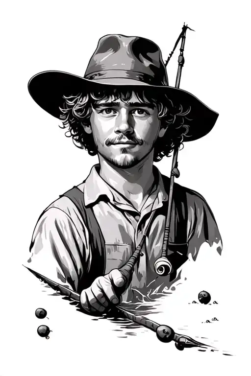 young Huckleberry Finn fishing scene featuring tattoo design idea