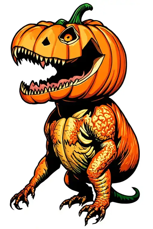 trex wearing a carved pumpkin mask tattoo design idea