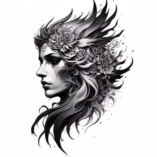 Tattoo Design Concept – “Divine Divide”Theme: Power, duality, inner gods, becomingStyle: Black and grey, semi-realisti tattoo design idea