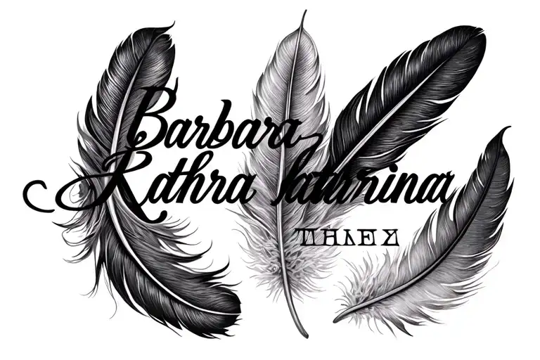 "Barbara Katharina" feathers coated in oil with 2 names incorporated tattoo design idea