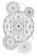 A geometric pattern incorporating dandelions and the flower of life, golden compass tattoo design idea