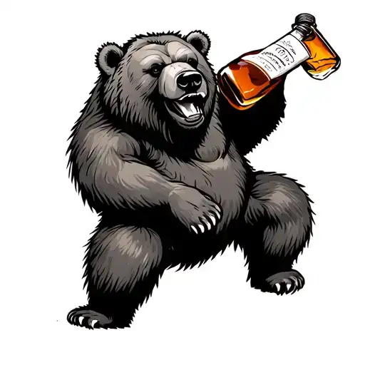 kodiak bear holding bottle of bourbon  tattoo design idea