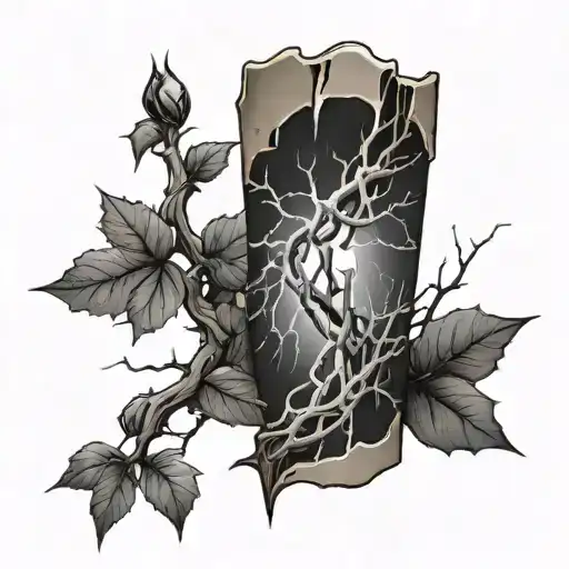 barbed wire and thorns wrapping around elbow which connect and turn into lightning strikes over a graveyard scene tattoo design idea