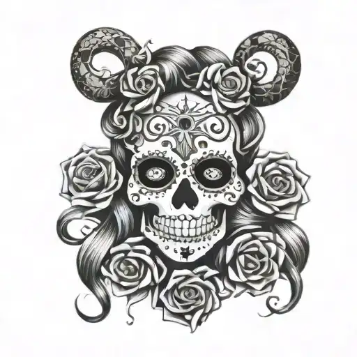 sugar skull surrounded by medusa snakes wrapped tattoo design idea