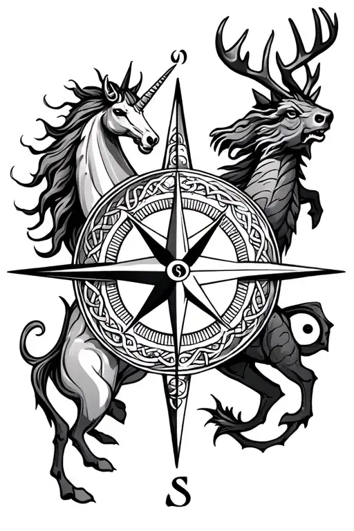 compass , north points to scottish unicorn, east a welsh dragon, west an irish stag, celtic design,  tattoo design idea