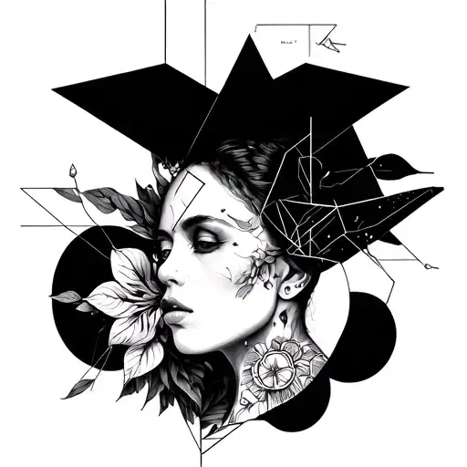 A surrealistic black and white tattoo in line work style with fine details and geometric elements. The composition is Vert tattoo design idea