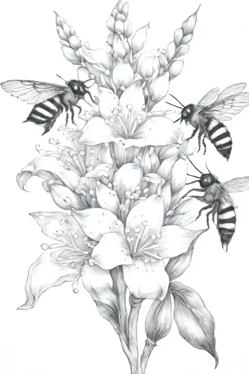 lily of the valley gladiolus lotus flowers interwined with bumblebee flying towards living tattoo design idea