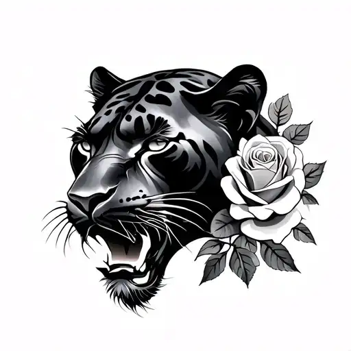 panther head with roses tattoo design idea