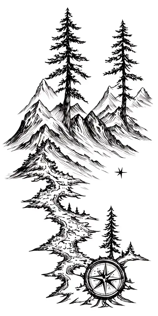 compass, map, mountain range, trees tattoo design idea
