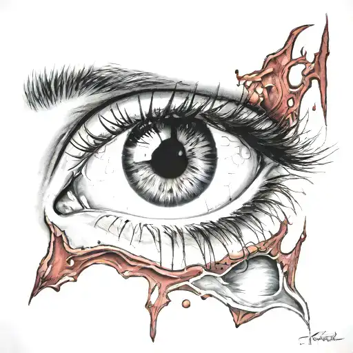realistic Human eye, crying blood, grey iris, pinpoint pupil, veiny,  tattoo design idea