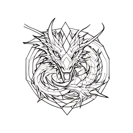 geometric dragon curling up broken sword tattoo design idea