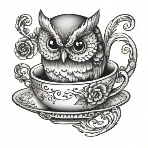 cute Owl balancing on teacup simple tattoo tattoo design idea