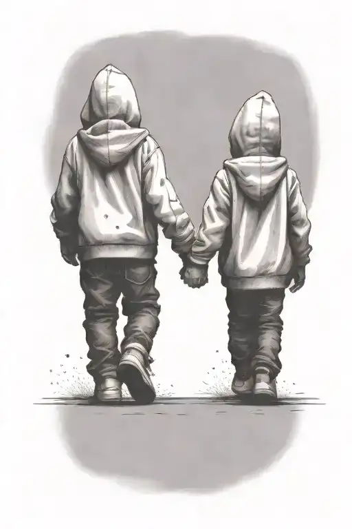 a silouttoue of 2 very small young brothers one older than the other wearing hoodies up walking away holding hands tattoo design idea
