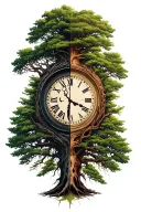 Half Dead half alive tree with half compas and half clock in the tree tattoo design idea
