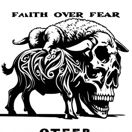 "FAITH OVER FEAR" text in Blacklisted Font, above a Christian religious "double headed" lamb stomping on a skull. below  tattoo design idea