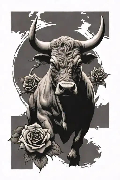 bull in the arena with swords in its back standing proud with roses being thrown all around him tattoo design idea